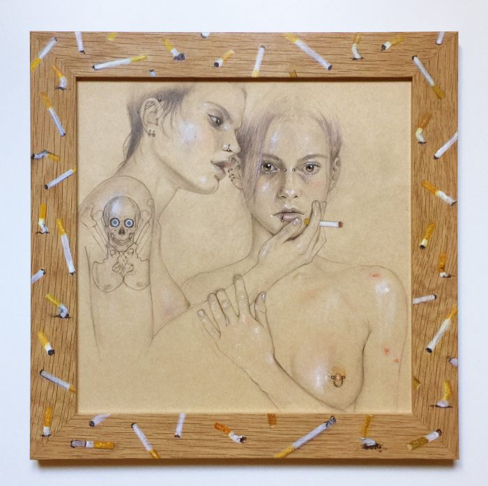 (I Love) The Way You Comb Your Hair, 2012/2017 Drawing: pencil, colored pencil, gouache, make-up powder and nail polish on paper, 30 x 30 cm Frame: oil on oak, glass, 36,5 x 36,5 cm