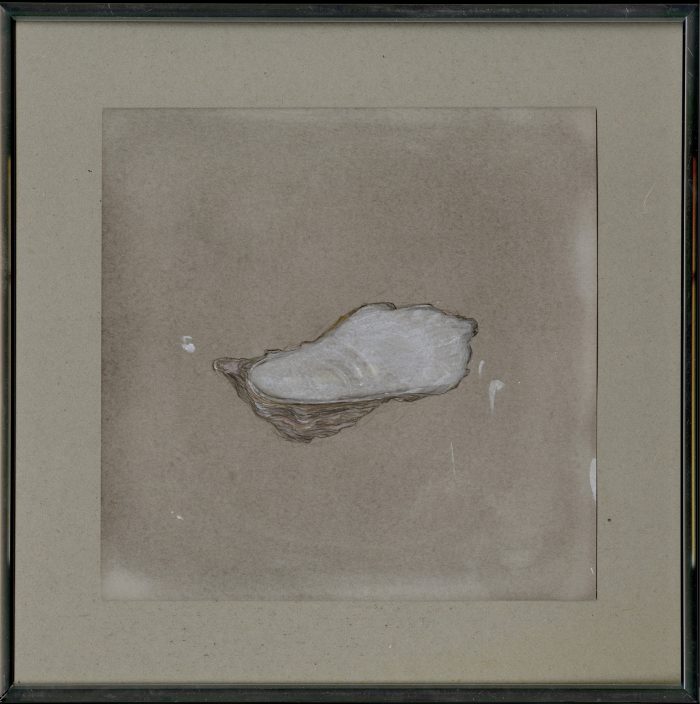 Oyster, 2016 Pencil, colored pencil, gouache, nail polish on paper, 21,7 x 21,7 cm Framing : aluminium, glass, paper, 30 x 30 cm